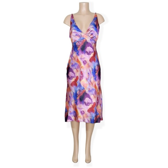 BHLDN whimsical V-Neck Printed Stretch Satin Midi Dress size Large - Picture 1 of 8